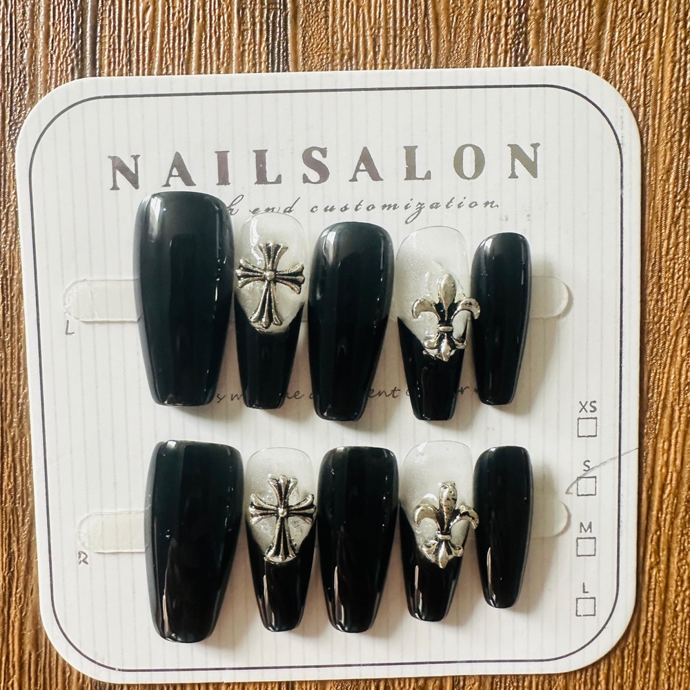 Black Press-On Nails with Silver Accents